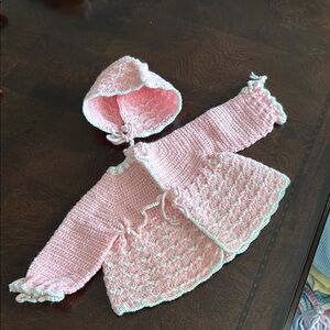 1975 Handmade Pink and White Baby Crochet Matching Set